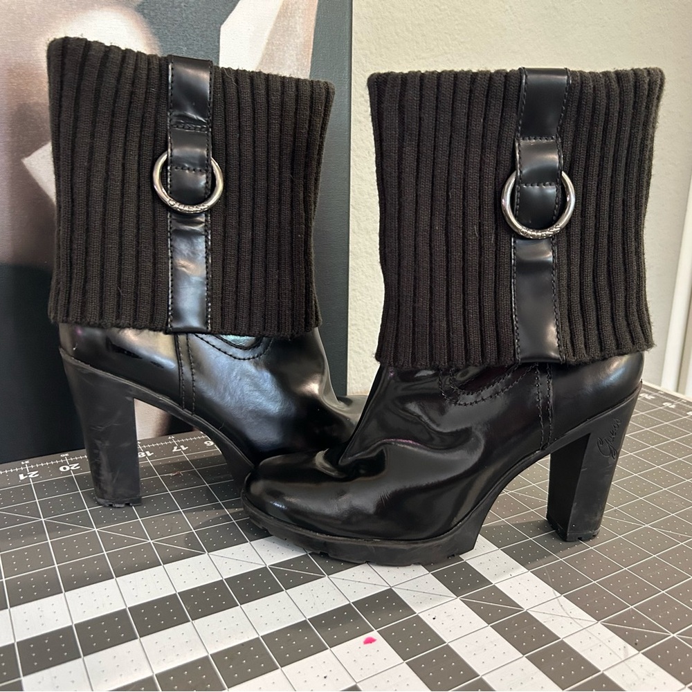 GUESS by Marciano Black Leather Platform Heel Rib Knit Boots Size 8